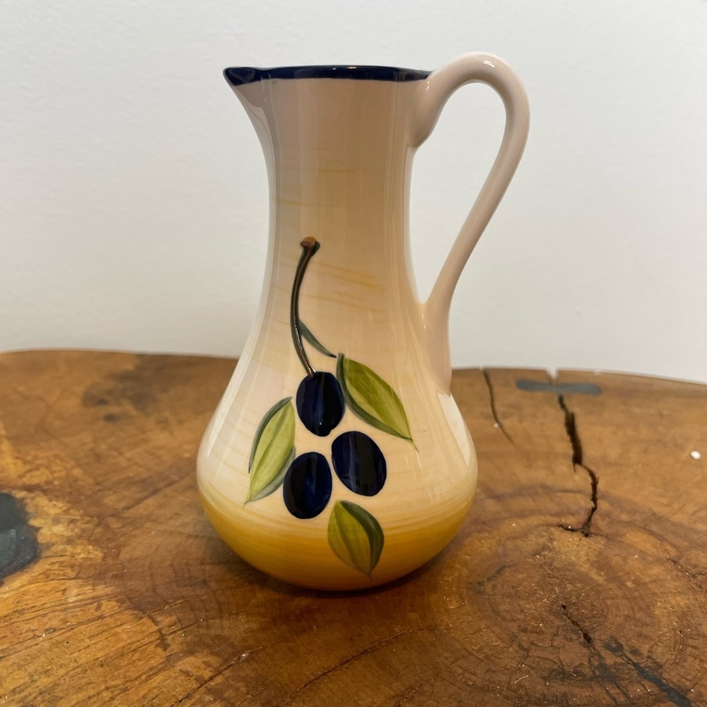 Ceramic Olive Oil Pitcher with Printed Olives & Olive Branches